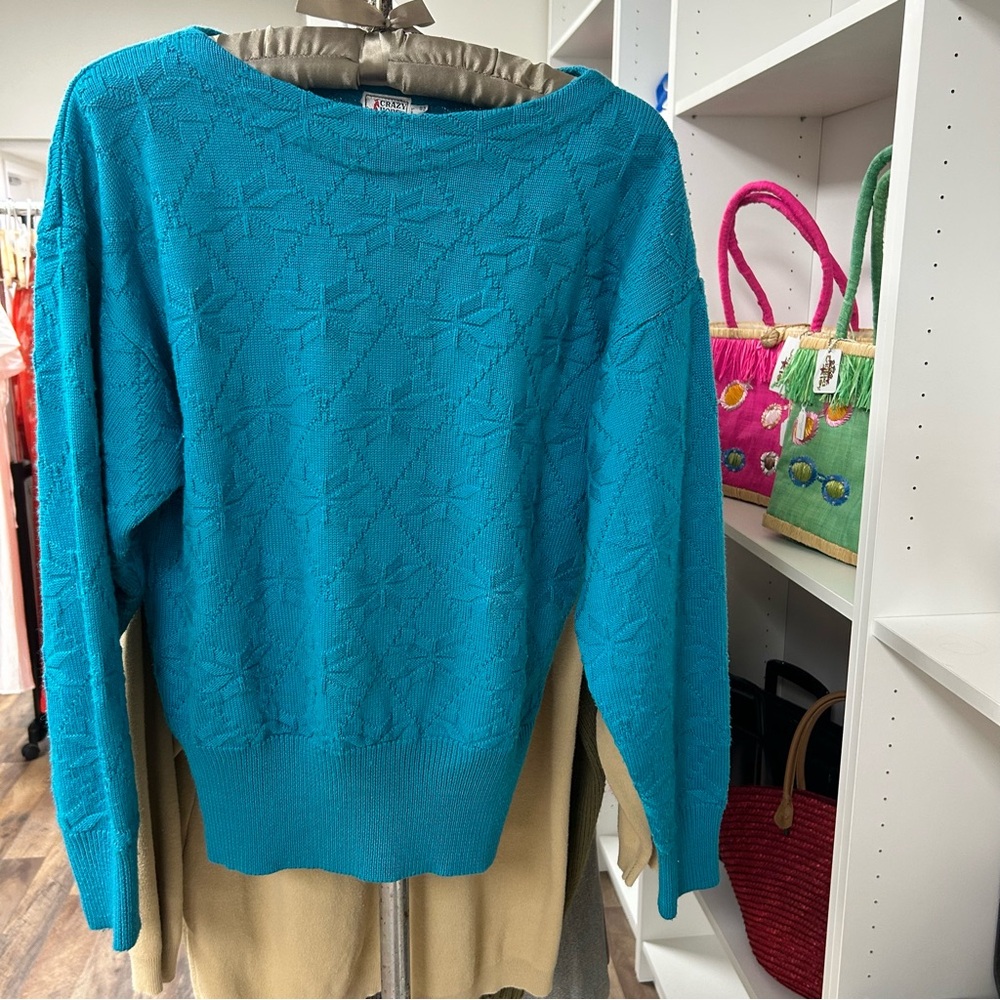 Vintage Turquoise Crazy Horse Knitted Sweater, Estimated Size Large